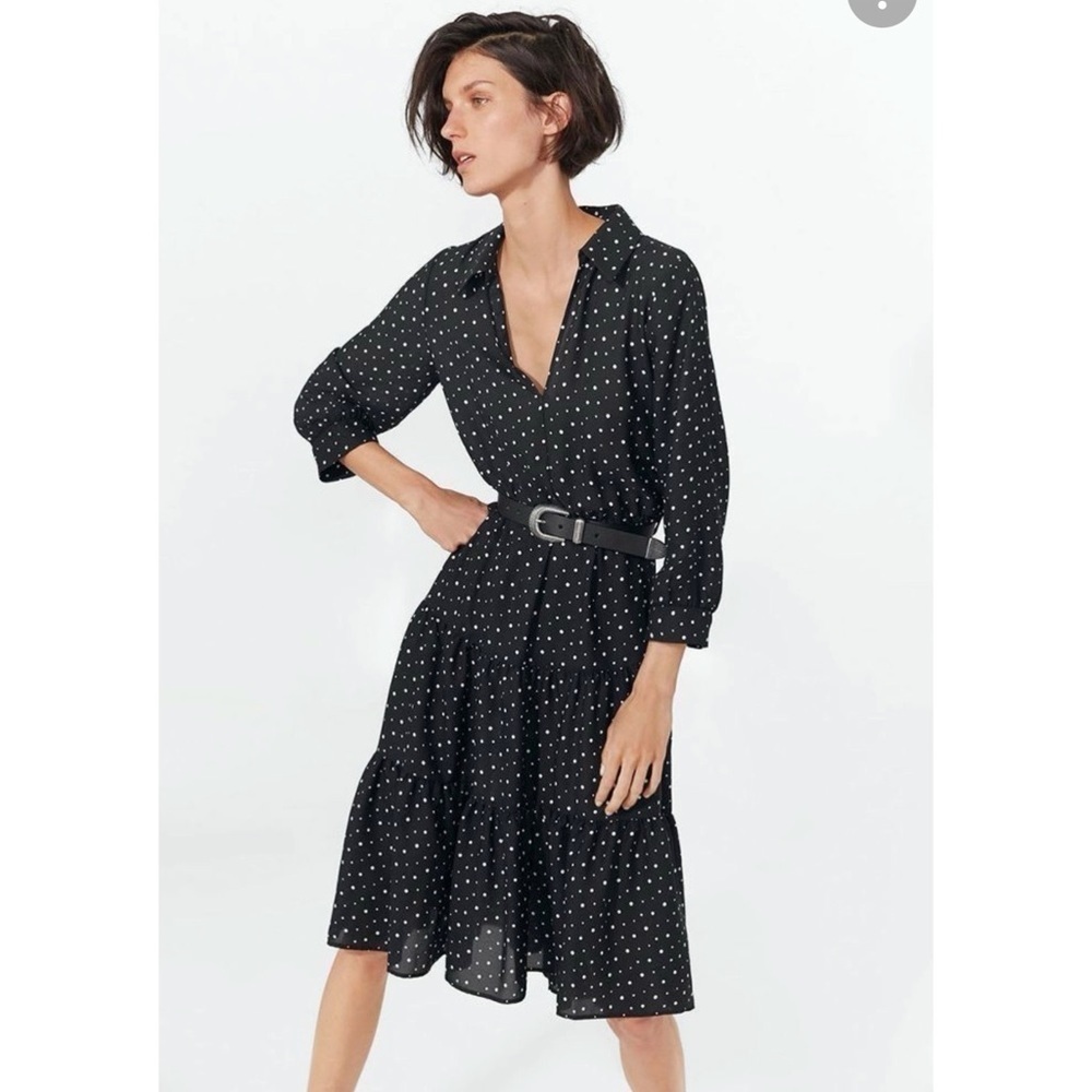 Zara Polka Dot Tiered Dress in Black with white, size S - Picture 5 of 12